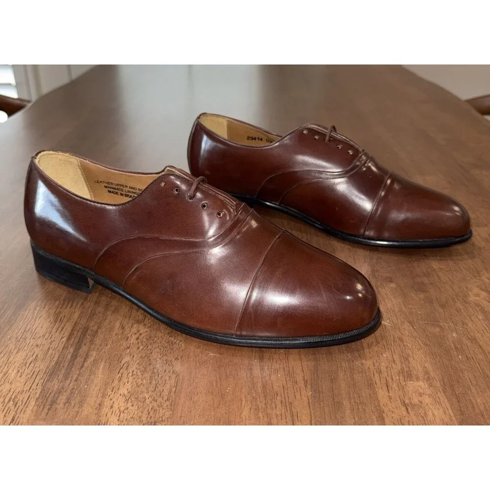 Stacy Adams Cap Toe Oxford Brown Leather Dress Shoes Men's 12W Wide Brazil NWOB